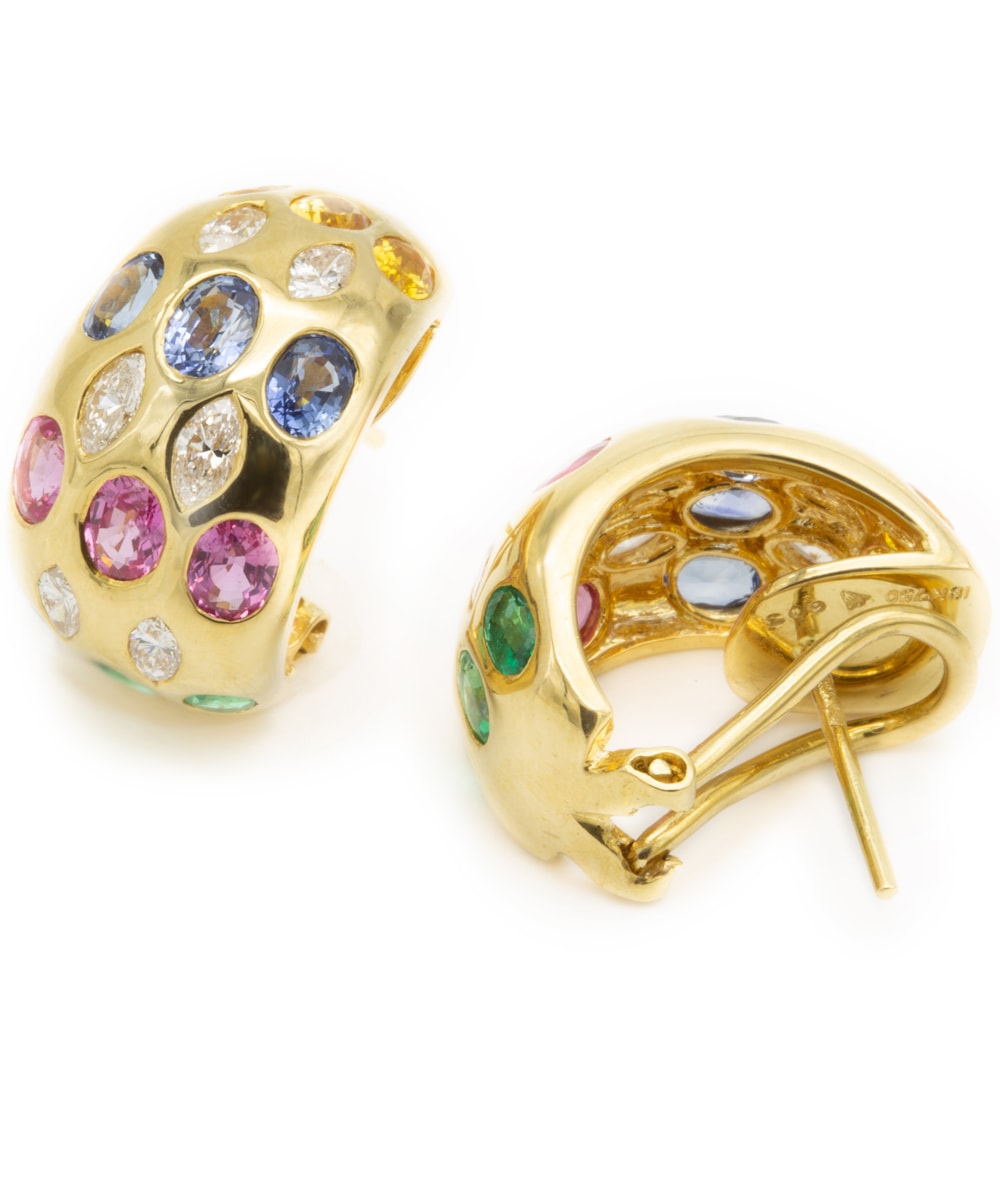 Creolen mit Navett Diamanten und Farbsteine 750er Gelbgold