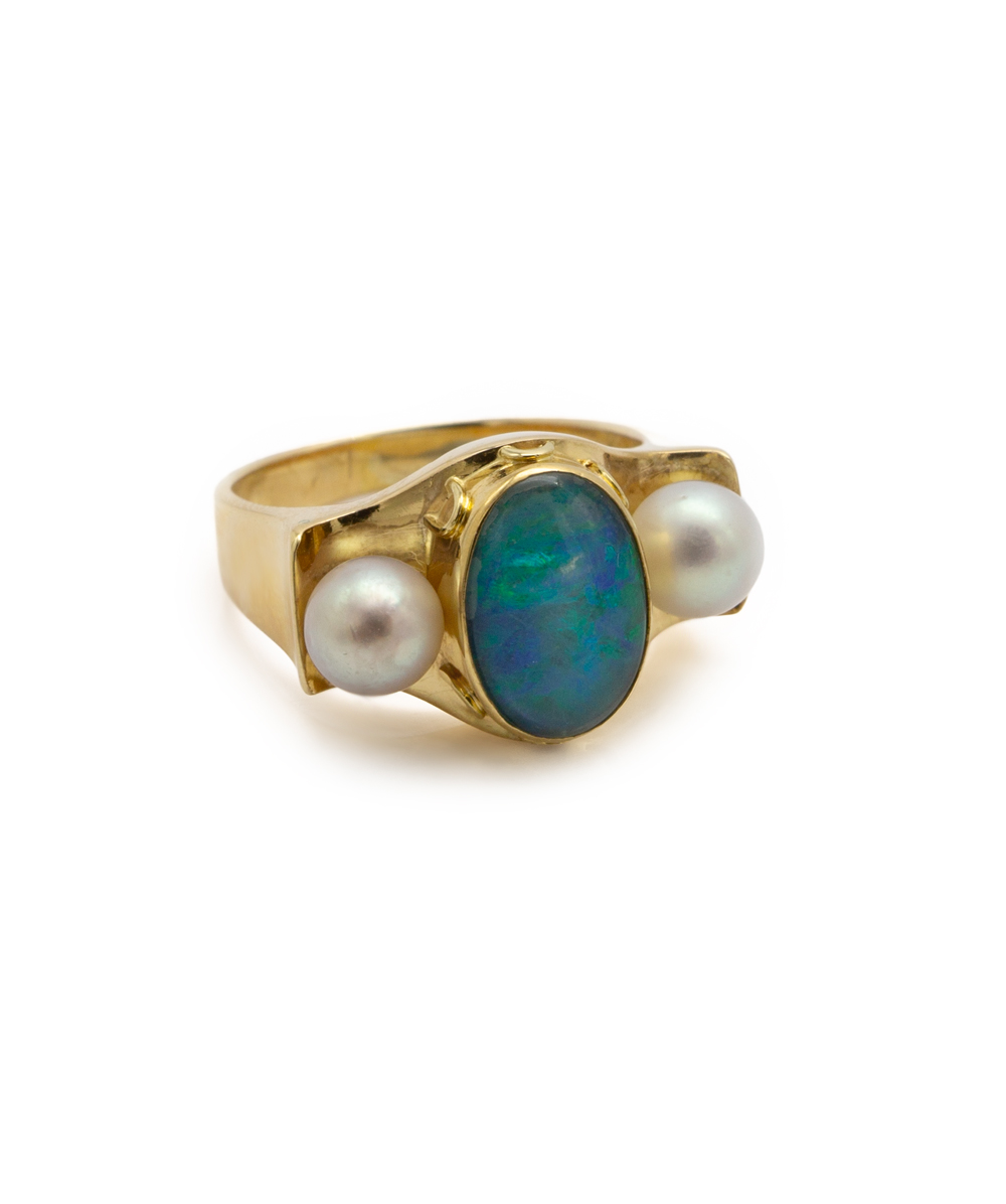 Opalring mit Süßwasser-Zuchtperle 585er Gelbgold