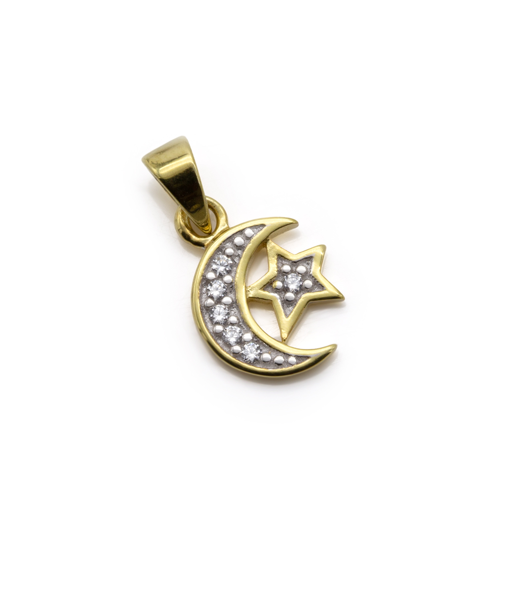 Zirkoniaanhänger Mond und Stern 925er Silber vergoldet bicolor