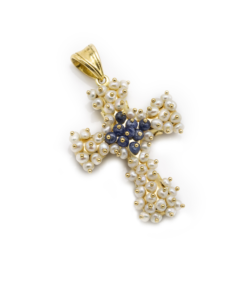 Kreuzanhänger mit Safir 585er Gelbgold
